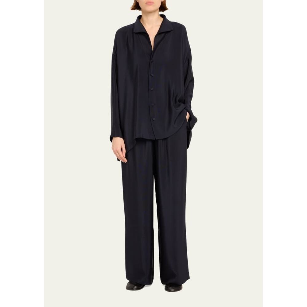 ESKANDAR 100% Silk Wide Leg Trousers Pants Size 1 Pull-On Black Midnight - Picture 6 of 10